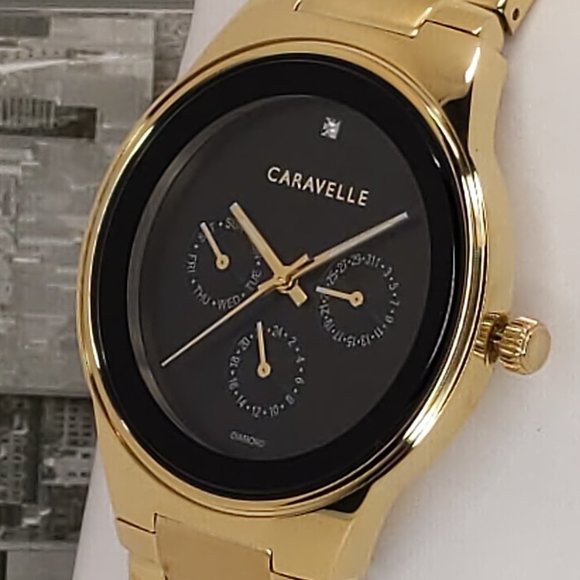 Bulova Other - Caravelle Men's Dress Watch Gold Tone Black Dial Diamond 12 Day Date Subs 40mm